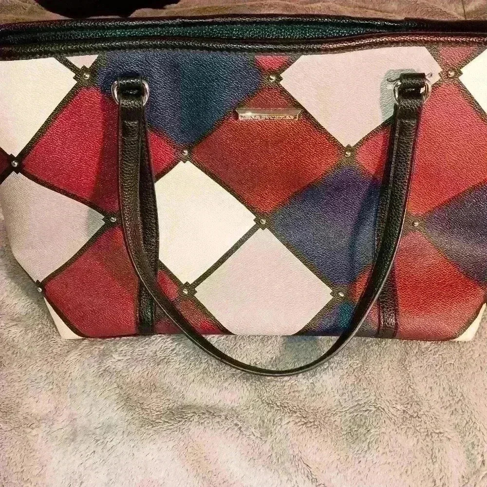 Dana Buchman Red White Blue Patchwork Chevron Colorful Plaid Designer Purse